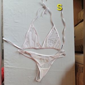 White Sheer Bikini Set with Rhinestone Detail Size Small